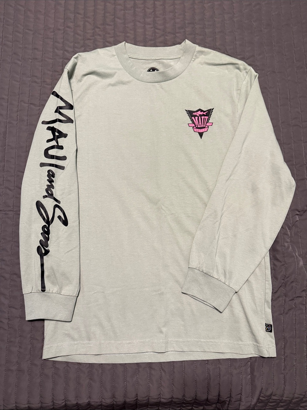 Men's Long Sleeve Crewneck Shirt - Light Sage with Pink Logo